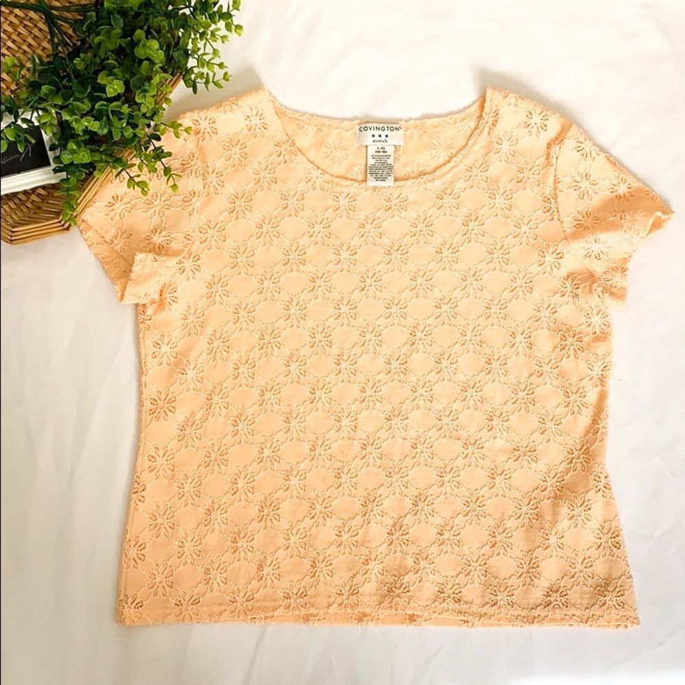 Covington Orange Floral Short Sleeve Blouse Top Size L Stretch Embroidered